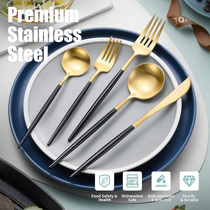 Matte Black Gold Silverware Set for 4,Modern Stainless Steel Brushed Cutlery Set,20-Pieces Heavy Duty Flatware Set,Knives Spoons and Forks Set Utensils Set, Satin Finish, Dishwasher Safe-Ruum Studio Home