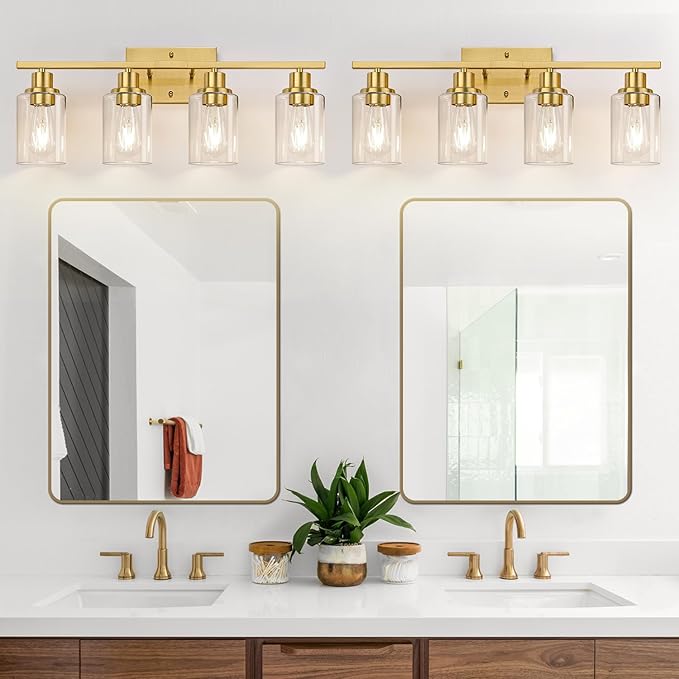 4-Light Vanity Lights with Clear Glass Shades, Brushed Gold Bathroom Light Fixtures Over Mirror, Modern Bathroom Wall Lamp for Mirror Living Room Cabinet Bedroom Porch-Ruum Studio Home