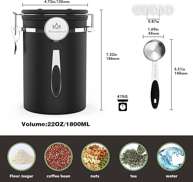 Coffee canister for ground coffee with Scoop Date Tracker One Way Co2 Valve 304 Stainless Steel Kitchen Food Airtight storage container for Coffee Beans,Grounds,Tea,Sugar (Silver, 22oz)-Ruum Studio Home