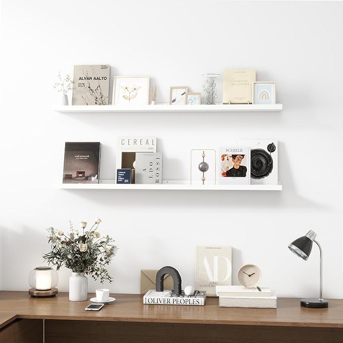 Picture Ledge Shelf, Wood Long Floating Shelves for Wall, Set of 2, 48 inch Picture Ledge Shelves, Photo Ledge Nursery Book Shelves Wall Mounted for Living Room Kids' Room Bedroom, Color White-Ruum Studio Home