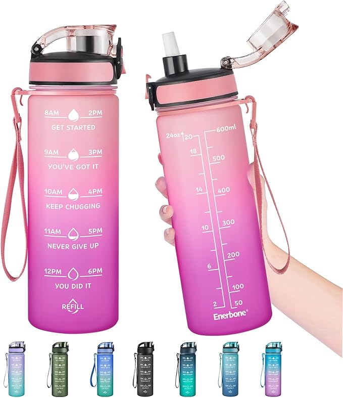 Enerbone Water Bottle, Leakproof BPA & Toxic Free, Motivational Water Bottle with Times to Drink and Straw, Fitness Sports Water Bottle with Strap for Office, Gym, Outdoor Sports-Ruum Studio Home