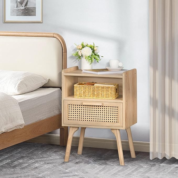 Lerliuo Rattan Nightstand, Boho Side Table with Drawer Open Shelf, Cane Accent Bedside End Table with Solid Wood Legs for Bedroom, Dorm and Small Spaces (Natural)-Ruum Studio Home