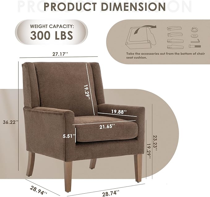 COLAMY Modern Wingback Living Room Chair, Upholstered Fabric Accent Armchair, Single Sofa Chair with Lounge Seat and Wood Legs for Bedroom/Office/Reading Spaces, Brown-Ruum Studio Home