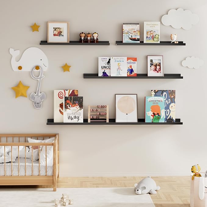 Picture Ledge Shelf for Wall, Floating Shelves Set of 4, 48 Inch Long Nursery Book Shelves for Toys Storage, Kids Bookshelf Wall Mounted for Books Photo Frames, Black-Ruum Studio Home