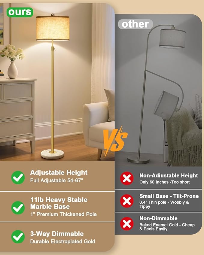 Modern Gold Floor Lamp for Living Room - Adjustable Height Standing Lamp with Marble Base & Linen Shade, 3-Way Dimmable Tall Floor Light for Bedroom, Reading, Bulb Included-Ruum Studio Home