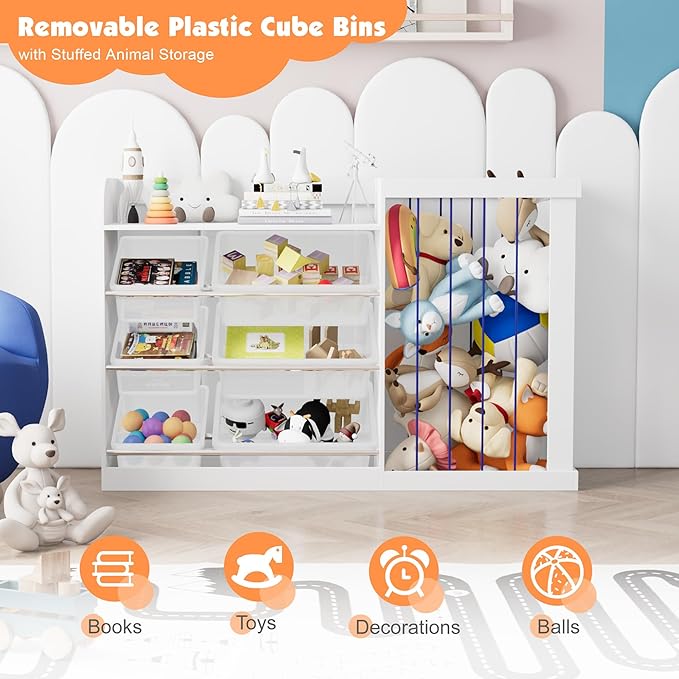 Kids Toy Storage Organizer with 3 Removable Plastic Bins Toddler Montessori Bookshelf with Stuffed Animal Net Holder Baby Bookcase Plush Organizer for Playroom, Bedroom,Kids Room,Classroom,Nursery-Ruum Studio Home