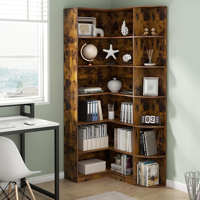 Loomie Bookshelves, 6 Tiers Shelf Large Tall Corner Etagere Bookcase with Full Baffle, L-Shaped Modern Storage Display Industrial Book Shelf for Bedroom, Home Office, Living Room & Kitchen, Rustic-Ruum Studio Home