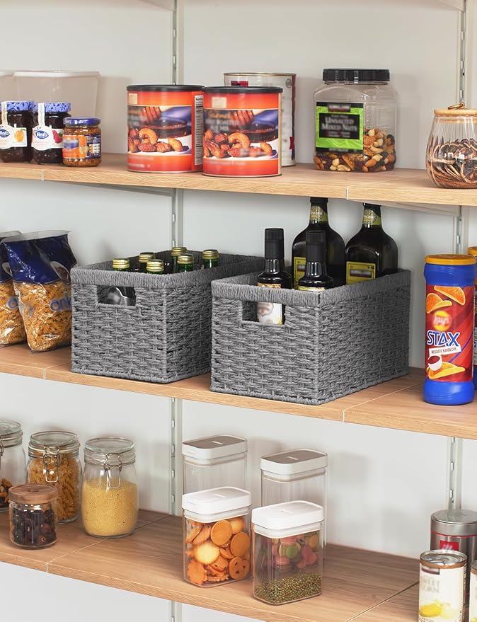 StorageWorks Round Paper Rope Storage Baskets, Rectangular Wicker Baskets with Built-in Handles, Gray, 2-Pack-Ruum Studio Home