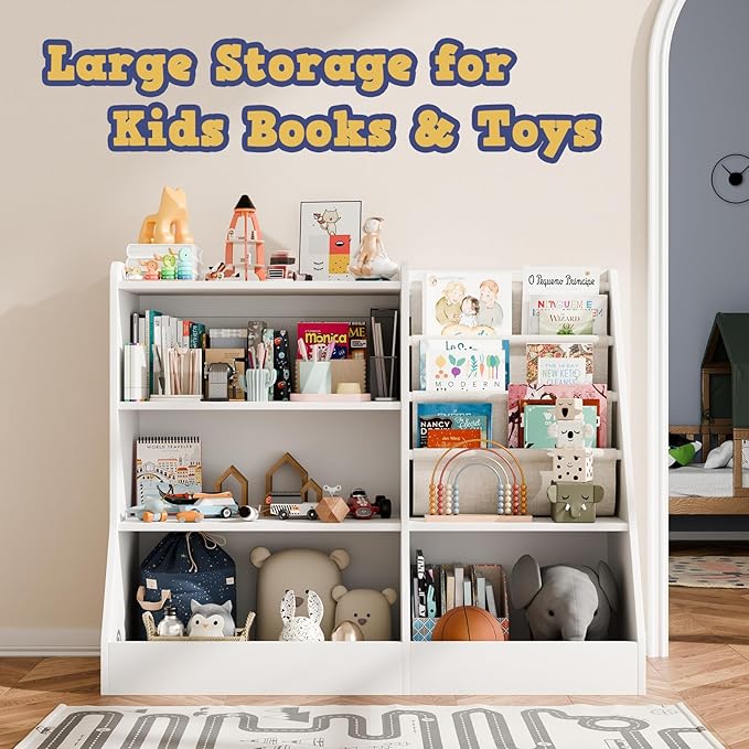 39" Large Kids Wooden Bookshelf and Toy Storage Organizer, Baby Bookcase with Sling Book Rack, Children Toddler Wooden Book Shelf for Kids Rooms, Playroom, Classroom, Nursery, School (White)-Ruum Studio Home