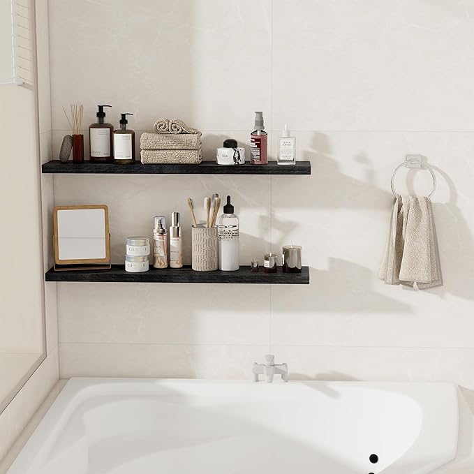 Fun Memories 36Inch Floating Shelves for Wall 2 Pack Wood Shelves for Kitchen, Bathroom, Bedroom Wall Mounted Rustic Wood Floating Shelf with Invisible Brackets for Books, Storage, Decor, Black-Ruum Studio Home