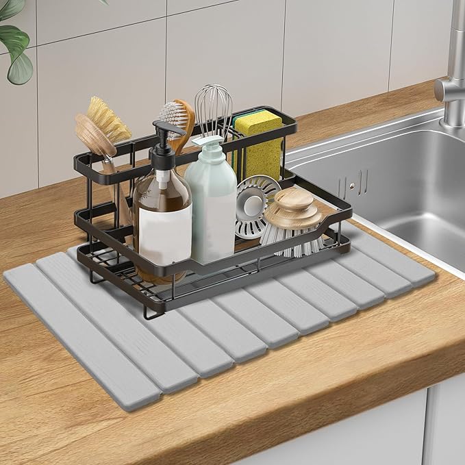 Large Stone Dish Drying Mats for Kitchen Counter, Quick Dry Absorbent Collapsible Dish Drying Mat,Diatomaceous Earth Mats for Dishes Bottles Cups,Match Any Countertop,Grey 24 * 16inch-Ruum Studio Home