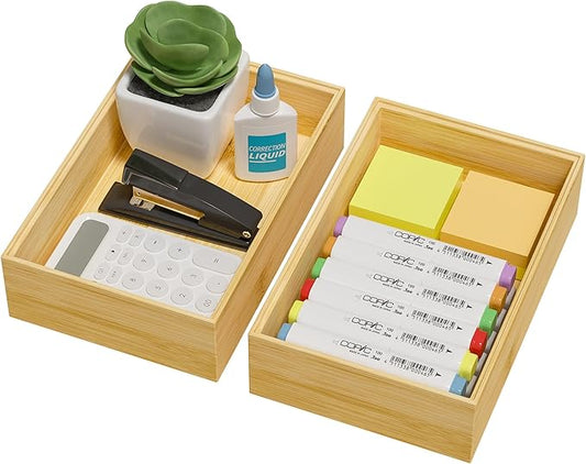 Kitchen Drawer Organizer Bins, Stackable Bamboo Drawer Organizer for Silverware, Flatware, Deep Office Desk Drawer Organizer Tray, Desktop Pen, Office Organization 9" x 6" x 2.5" (Set of 2)-Ruum Studio Home