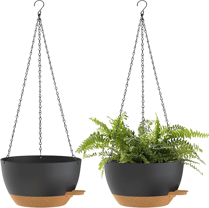 12 Inch Hanging Baskets 2 PC with Chains, Self-Watering Hanging Planters for Indoor Outdoor Plants, Plastic Hanging Flower Pots,Black Brown-Ruum Studio Home