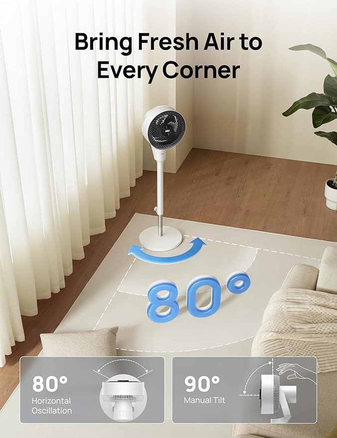 Dreo Fan for Bedroom, 80° Oscillating Standing Fan, 25dB Quiet, 80ft Pedestal Fans for Home Office, 90° Manual Vertical, 3 Speeds, Remote, 34-41" Adjustable Height, Air Circulator-Ruum Studio Home