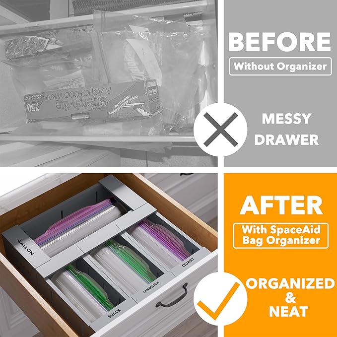 SpaceAid Bag Storage Organizer for Kitchen Drawer, Bamboo Organizer, Compatible with Gallon, Quart, Sandwich and Snack Variety Size Bag (4 Pack), Gray-Ruum Studio Home