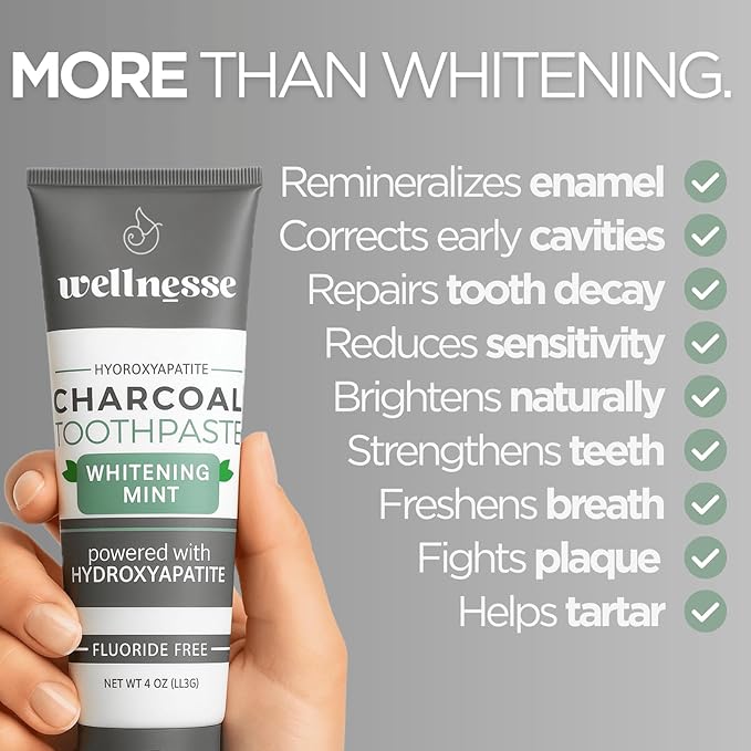 Wellnesse Activated Charcoal Whitening Toothpaste with Xylitol, Fluoride-Free Hydroxyapatite Black Charcoal Toothpaste for Adult Fresh Breath, Natural Teeth Whitening, Mint Flavor, 4 oz (Pack of 1)-Ruum Studio Home