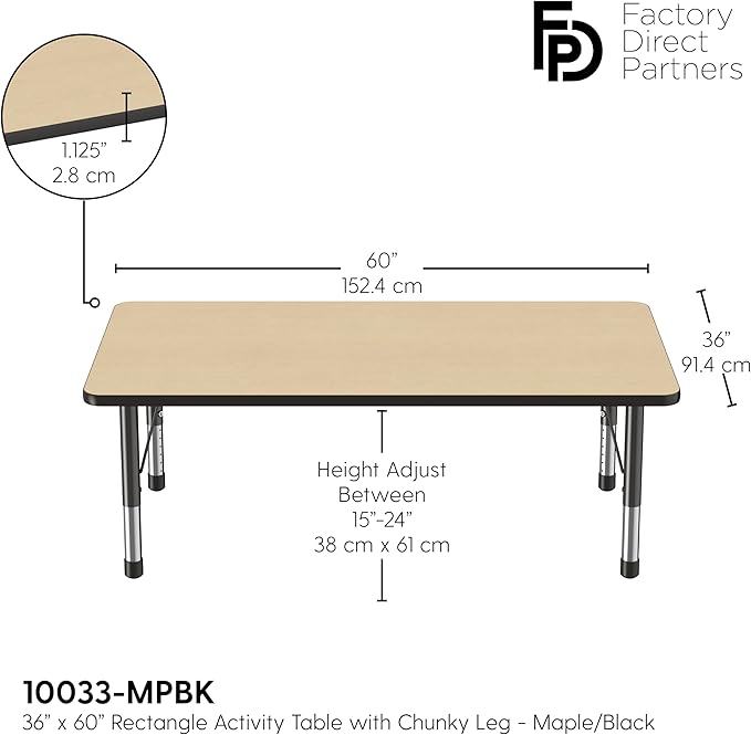 Factory Direct Partners FDP Rectangle Activity School and Classroom Kids Table (36 x 60 inch), Toddler Leg, Adjustable Height 15-24 inches - Maple Top and Black Edge-Ruum Studio Home
