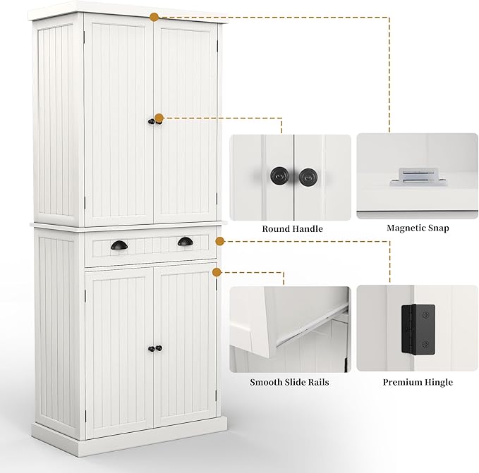 ARTPOWER 72" Tall Kitchen Pantry Storage Cabinet with Drawer and Adjustable Shelves, Pantry Cabinet for Kitchen, Bathroom or Hallway, White-Ruum Studio Home