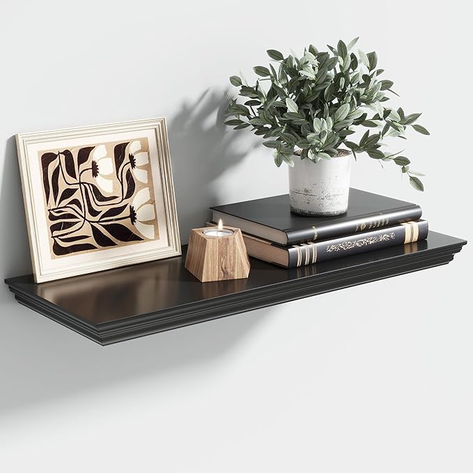 Floating Shelves for Wall, 24 Inch Long Wall Mounted Black Hanging Shelf for Kitchen, Living Room, Office, Bedroom, Bathroom, Retro Vintage Wood Bookshelf for House Decor-Ruum Studio Home