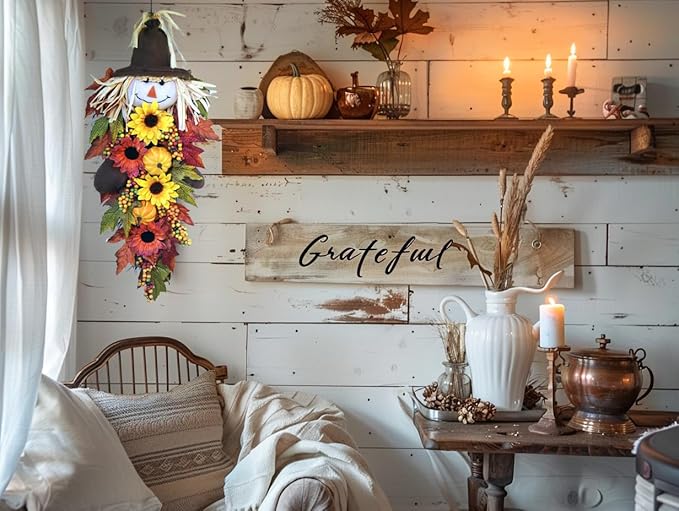 24" Rustic Fall Scarecrow Teardrop Swag – Farmhouse Sunflower & Pumpkin Wreath – Autumn Harvest Hanging Decor for Front Door, Wall, Porch, Indoor/Outdoor-Ruum Studio Home