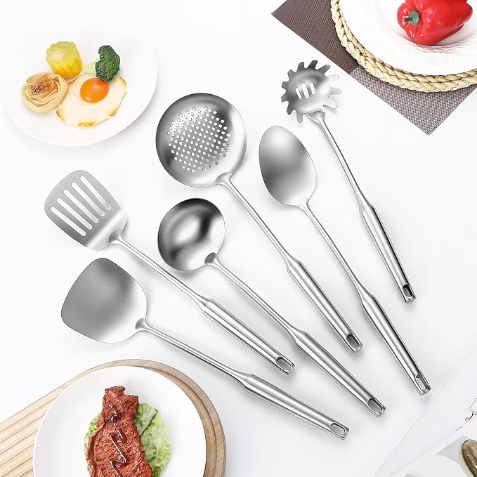 304 Stainless Steel Cooking Utensil,Kitchen Kitchen Utensil with Spatula, Solid Spoon, Ladle, Skimmer, Spaghetti Spoon, 6 Piece Set, Dishwasher Safe-Ruum Studio Home