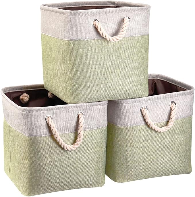 i BKGOO 3Pack Large Foldable Storage Bins，Collapsible Sturdy Cationic Fabric Organizing Storage Basket Cube with Cotton Handles for Home Office Shelf Clothes Toys Beige-Green 13×13×13 inch-Ruum Studio Home