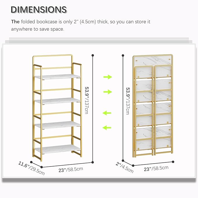 4NM No Assembly Foldable Bookshelf, 4-Shelf Collapsible Bookcase Storage for Small Spaces, 54" H, White and Golden-Ruum Studio Home