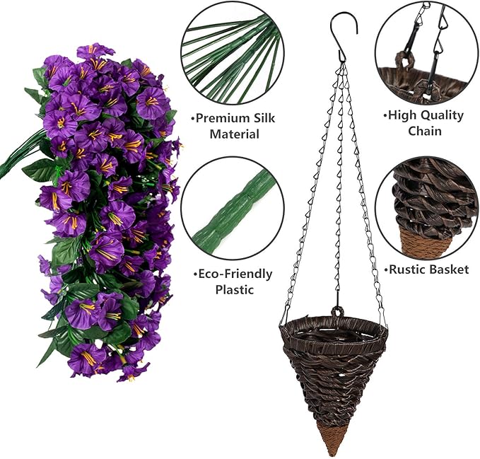 Artificial Faux Hanging Flowers Plants Basket for Outdoor Outside Porch Decoration, UV Resistant Fake Silk Purple Morning Glory Trailing Vines Realistic for Summer Home Balcony Yard Patio-Ruum Studio Home