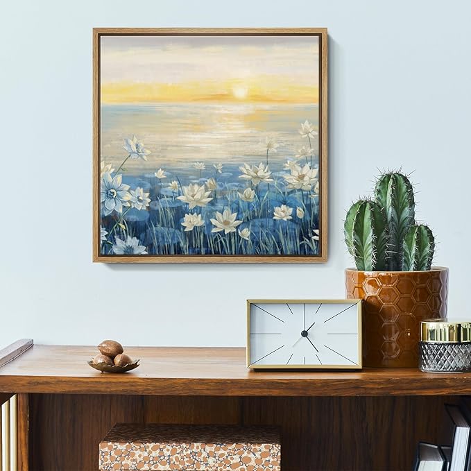 Bathroom Decor Wall Art-Framed Canvas Wall Art Modern Beach Coastal Floral Sunset Boho Ocean Artwork Blue Yellow Lotus Flower Zen Wall Picture for Bedroom Kitchen Office Small-Ruum Studio Home