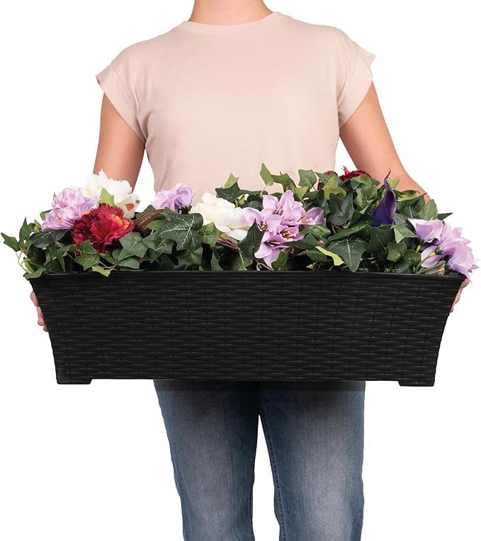 Elly Décor Set of 2 18x8 Rectangular Modern, Resistant and Self Watering Planter with Rattan-Like Finish, 18", Gray-Ruum Studio Home