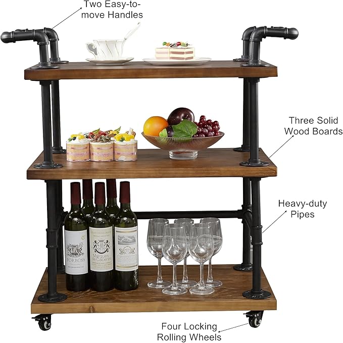 Industrial Pipe Bar Carts/Serving Carts/Kitchen Carts/Wine Rack Carts on Wheels with Shelves - Wood Rolling Carts - Wine Tea Liquor Shelves/Holder - Home Furniture-Ruum Studio Home