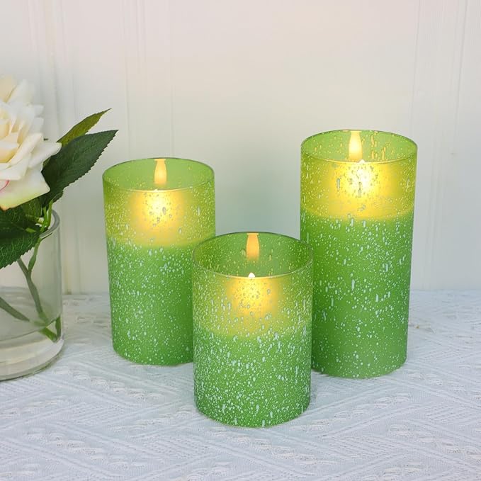 Green Flameless Candles with Remote, Glass LED Pillar Battery Operated Candles with Timer, Flickering Decorative Lights for Home Weddings Holidays Gift Set of 3-Ruum Studio Home