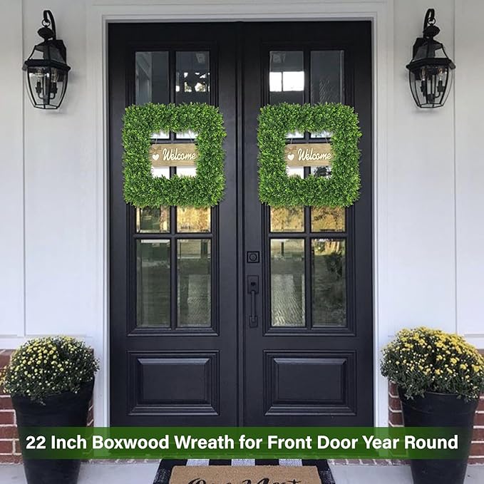 Artgar 22Inch Boxwood Wreath, Spring Wreaths for Front Door, Realistic Green Square Boxwood Wreath for Year-Round Decor, Artificial Summer Wreaths for Wedding Farmhouse Indoor/Outdoor Porch Decor-Ruum Studio Home