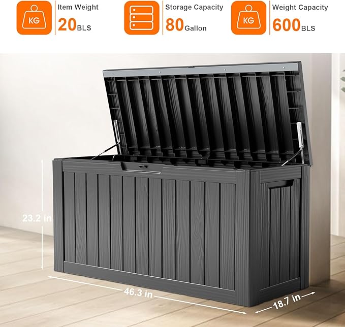 80 Gallon Resin Deck Box, Lockable Patio Outdoor Storage Box for Furniture, Garden Tools and Tools Storage, Waterproof Outside Storage Box - Black-Ruum Studio Home