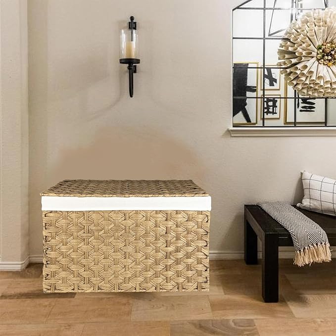 Wicker Storage Basket with Lid, 42.3 Gallon (160L) Large Blanket Basket with Lid, Woven Storage Bin with Handles, Removable Liner, Metal Frame, Foldable, for Bedroom, Laundry Room, Natural-Ruum Studio Home