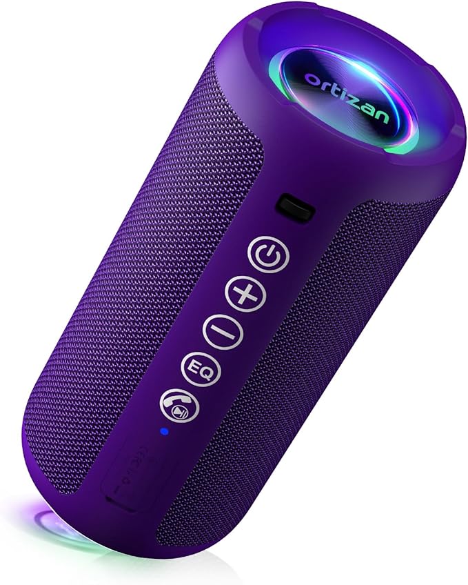 Ortizan Portable Bluetooth Speaker: IPX7 Waterproof, 24W Loud Sound, Deep Bass, Bluetooth 5.3, LED Lights, Wireless Stereo Pairing, 30H Playtime, for Home/Outdoor/Party/Beach, Birthday Gift (Purple)-Ruum Studio Home