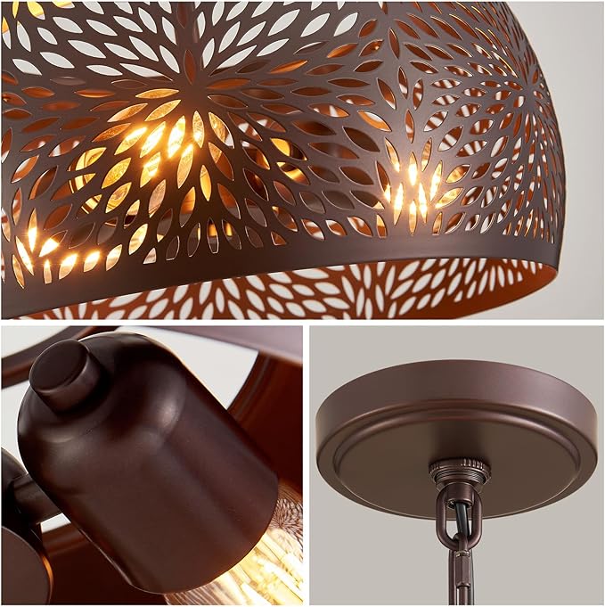 WUZUPS Chandelier Rustic Farmhouse Industrial Round Ceiling Pendant LED Light Fixture with Later-Cut Openwork Drum Shade, H 15.7" x W 13.4", Oil Rubbed Bronze-Ruum Studio Home