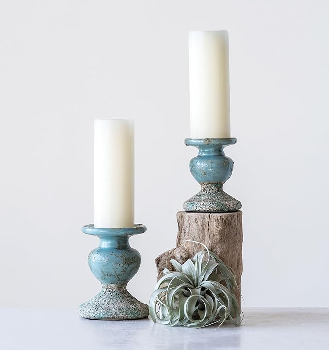 Creative Co-Op Large Distressed Blue Terracotta Pillar Candle Holder-Ruum Studio Home