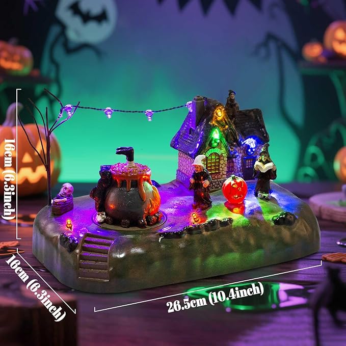 Halloween Village Witch Cauldron Bubble Figurine with Lit House Spooky Town Indoor Decoration Accessories for Holiday Display, Battery Operated-Ruum Studio Home