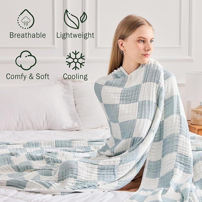 EMME Checkered Cotton Blanket Twin Large 60"x80" 100% Muslin for Couch Breathable Cooling Gauze All Season Soft and Lightweight (Teal)-Ruum Studio Home