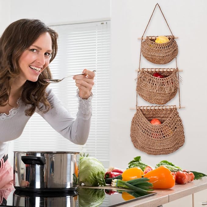 Hanging Fruit Baskets for Kitchen 3-Tier Handmade Bohemian Wall Baskets for Organizing & Decorating Living Room Bedroom Wall Hanging Basket for Onion Storage & Fruit Storage-Ruum Studio Home