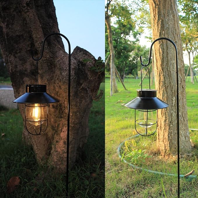 Solar Lantern 2pack Outdoor Hanging Light- Waterproof Vintage Metal Light with Shepherd Hook Decorative for Patio, Backyard, Porch, Yard (Black)-Ruum Studio Home