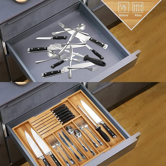 VaeFae Bamboo Silverware Drawer Organizer Kitchen, Expandable Utensil Organizer with Knife Block, Cutlery Tray with Divider, Multifunctional Wooden Drawer Organizer-Ruum Studio Home