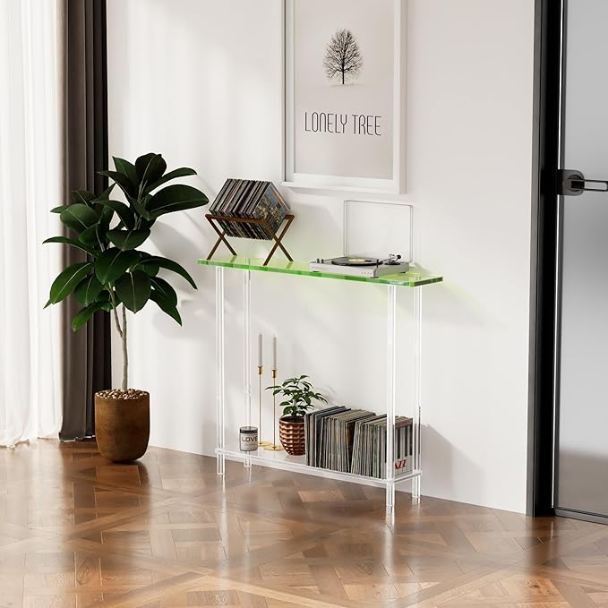 Sleek Modern 2-Tier Acrylic Console Table, 39.4" L x 7.6" W x 31.5" H - Entryway Table for Hallway, Living Room, Sofa Side, Small Spaces (Green)-Ruum Studio Home