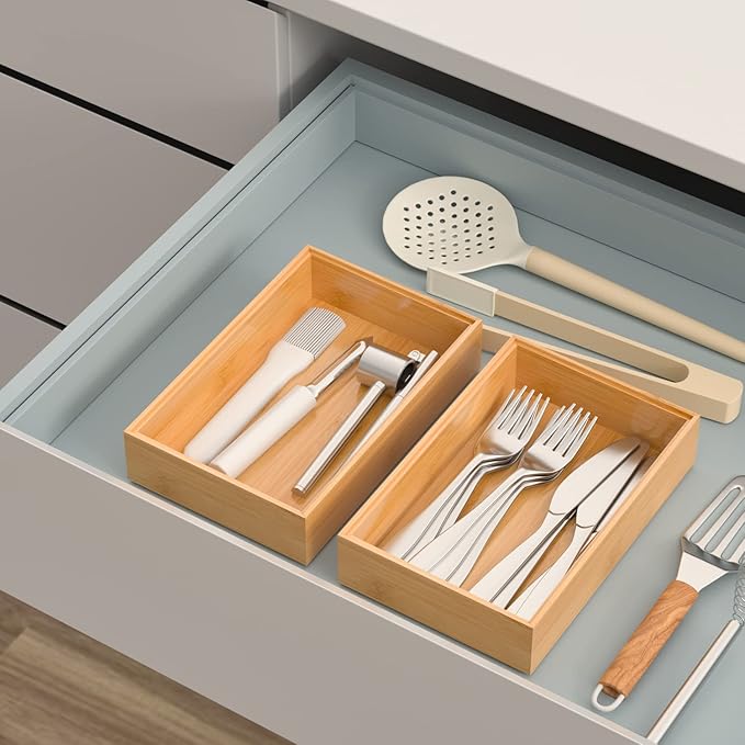 Silverware Tray for Drawer, Stackable Kitchen Bamboo Drawer Organizer 9" x 6" x 2" Set of 2-Ruum Studio Home