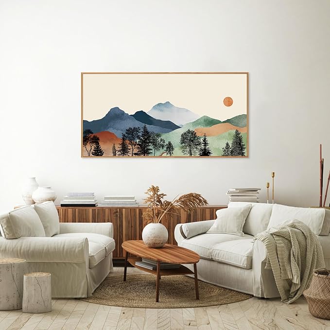 SIGNINART Large Boho Mountains Framed Canvas Wall Art, Watercolor Nature Landscape Art Prints, Neutral Modern Sunrise Art Paintings, Green Forest Wall Decor for Living Room, Bedroom, Office 20"x40"-Ruum Studio Home