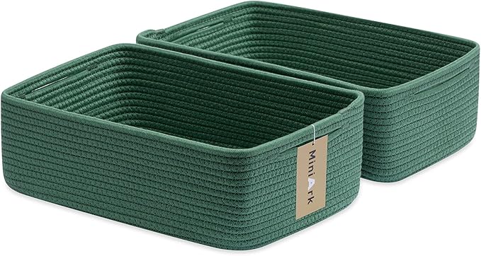 Large Shallow Organizing Baskets 15x11x5.1 Inches - Rope Woven Storage Bins for Bathroom, Shelves, Cube Closet, Green 2 Packs-Ruum Studio Home