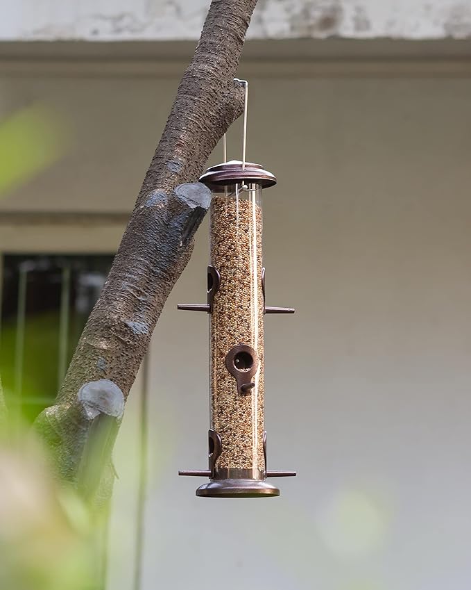 iBorn Metal Bird Feeder Hanging Wild Bird Seed Feeder for Mix Seed Blends Heavy Duty All Metal Coffee Finish,14 Inch 6 Port,Pack of 2-Ruum Studio Home