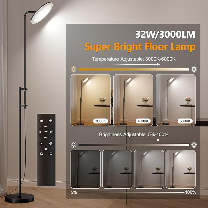 SUNMORY 32W/3000LM Floor Lamps, Super Bright LED Standing Lamp with Remote Control, Adjustable Tall Lamp with 350°Rotating Head, Modern Dimmable Torchiere Corner Lamp for Living Room, Bedroom, Office-Ruum Studio Home