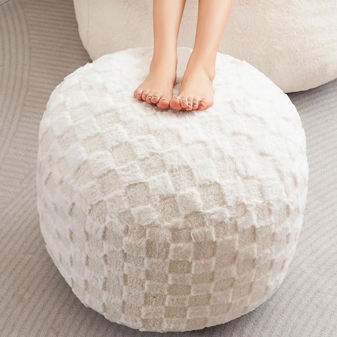 HIGOGOGO Round Stuffed Pouf Ottoman, Plaid Poufs with Foam Chunk Filling, Fluffy and Furry Pouf Foot Stool Storage Ottoman, 26 X 18 Floor Poufs Foot Rest for Living Room, Beige-Ruum Studio Home